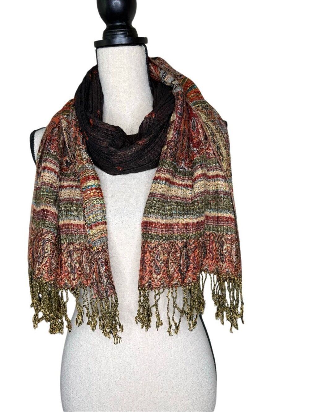 Pashmina Scarf Rust/Brown Pleated Fringed Knit 14”X72” Lagenlook, Cottagecore
